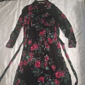 Evri women's floral belted shirt dress long sleeves blk/red size2X